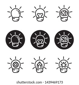 Set of bulb vector illustration with nine design such as with brain and gear vector on the inside suitable for idea/creativity related icon,