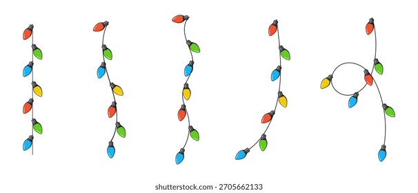 Conjunto de bombillas en una cuerda. Bombillas colgantes. Bombillas de colores para la decoración. Guirnalda de luces. Luces decoración de cuerdas. Ilustración vectorial
