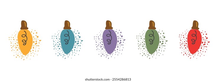Set of bulbs in trendy groovy retro style. Colorful holiday lights for birthday. Happy New year and Merry Christmas pattern. 70s Vibes. Vector Illustration. For greeting card design.