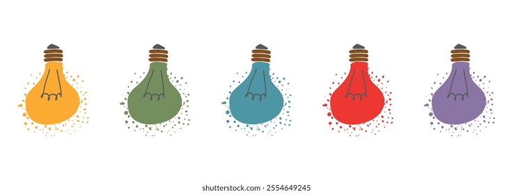 Set of bulbs in trendy groovy retro style. Colorful holiday lights for birthday. Happy New year and Merry Christmas pattern. 70s Vibes. Vector Illustration. For greeting card design.