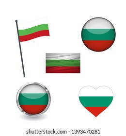 Set of bulgaria flags, waving, buttons with different shapes. collection of label, stickers, heart, badge, flagpole on design element. isolated on white background.