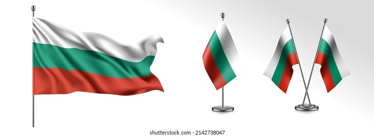 Set of Bulgaria waving flag on isolated background vector illustration. 3 stripes Bulgarian wavy realistic flag as a patriotic symbol