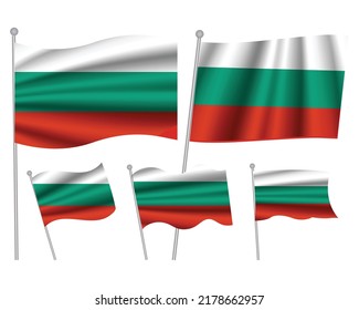 Conjunto de Bulgaria ondulación de la bandera sobre la ilustración aislada del vector de fondo. 5 bandera roja verde ondulada búlgara realista como símbolo patriótico
