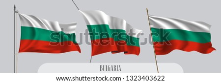 Set of Bulgaria waving flag on isolated background vector illustration. 3 red green Bulgarian wavy realistic flag as a patriotic symbol 