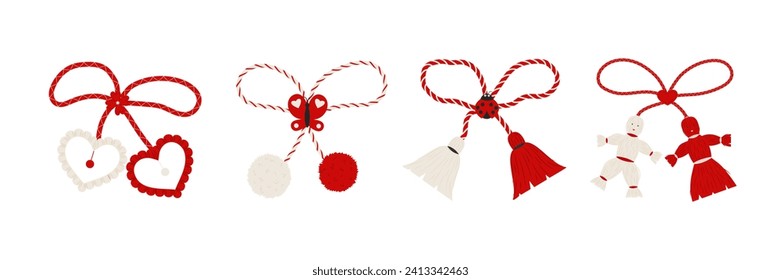 Conjunto de símbolos búlgaros de la fiesta de primavera Martisor aislado en un fondo blanco. 