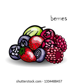 A set of bulk berries, drawn by hand. Berries: gooseberries, blueberries, raspberries, strawberries, lingonberries, cranberries.
