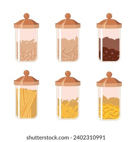 Set of bulk food containers in cartoon style. Vector illustration of containers, jars for storing products: nuts, almonds, cashews, chocolate cookies, macarons isolated on a white background.