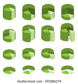 Set of bulk green isometric pie charts with separated segments. Templates sectoral graphs. Elements of infographics for business. Vector