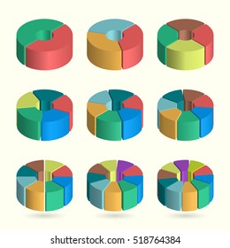 Set of bulk isometric pie charts with rounded contour. Templates realistic three-dimensional pie charts. Business data, colorful elements for infographics. Vector
