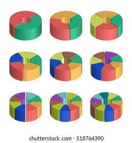 Set of bulk isometric pie charts. Templates realistic three-dimensional pie charts. Business data, colorful elements for infographics. Vector