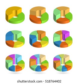 Set of bulk isometric pie charts different heights. Templates realistic three-dimensional pie charts. Business data, colorful elements for infographics. Vector