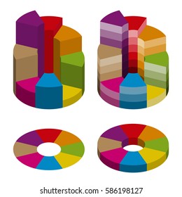 Set of bulk isometric pie charts different heights and color gradation. Templates realistic three-dimensional pie charts. Business data, colorful elements for infographics. Vector