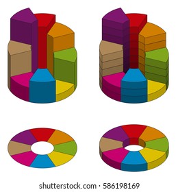 Set of bulk isometric pie charts different heights with hard stroke. Templates realistic three-dimensional pie charts. Business data, colorful elements for infographics. Vector