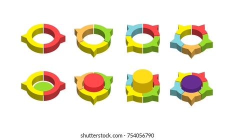 Set of bulk isometric pie charts in ring form. Templates realistic three-dimensional pie charts. Business data, colorful elements for infographics. Vector