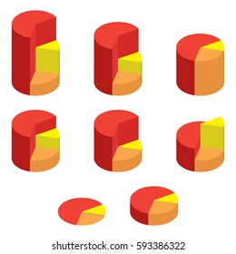 Set of bulk red and yellow isometric pie charts. Templates realistic three-dimensional pie charts. Business data, colorful elements for infographics. Vector
