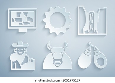 Set Bull, Algar waterfall, Bullfight, matador, Castanets, Sun and Picture art icon. Vector