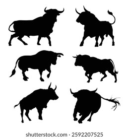 Set of Bull. cattle black silhouettes illustration on white background Vol 02