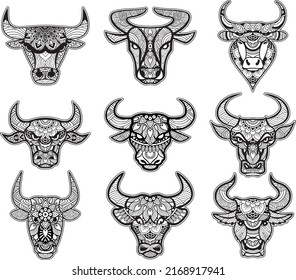 Set Of Bull Head Doodle Arts, Bull Coloring Page