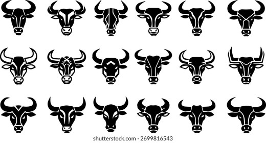 A set of bull head illustrations in vector format, showcasing various designs and styles.