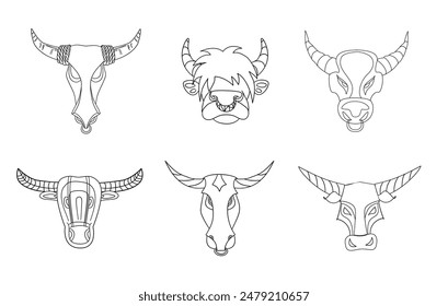 Set of bull heads black and white coloring page, isolated on a white background