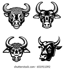 Set of bull heads icons on white background. Design elements for logo, label, emblem, sign.