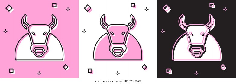 Set Bull icon isolated on pink and white, black background. Spanish fighting bull. Vector.