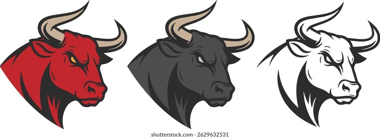 Set of bull icons with sharp horns in three versions, logo of an aggressive bull with a stern look.