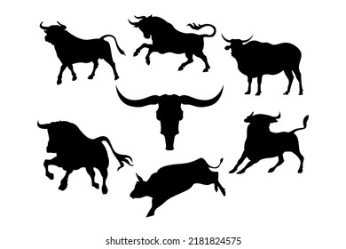 Set of bull silhouettes. silhouettes of bulls in different positions with shade