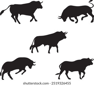 Set of bull silhouettes in charging poses