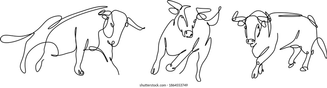 set of bull silhouettes, continuous drawing of the year of the bull 2021 according to the Chinese calendar and 2022 according to the Slavic calendar, the year of the golden horned tour, isolated linea