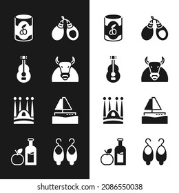 Set Bull, Spanish guitar, Olives in can, Castanets, Sagrada Familia, Yacht sailboat, Earrings and Apple cider bottle icon. Vector