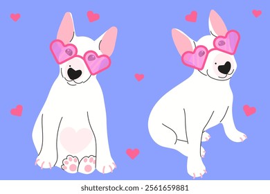 Set with bull terrier in heart sunglasses. Flat vector illustration.