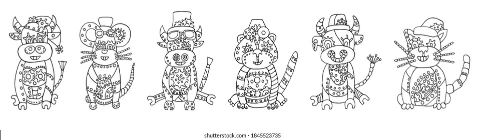 Set von Stier, Tiger, Katze, Maus im Steampunkstil. Chinesische Tierkreiszeichen des Neuen Jahres. Vektorgrafik. Östliches Horoskop. Metalltiere sind isoliert. Farbbuch für Kinder und Erwachsene