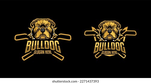 Set of bulldog head mascot logo for sport logo, with shield, hockey stick isolated on black background