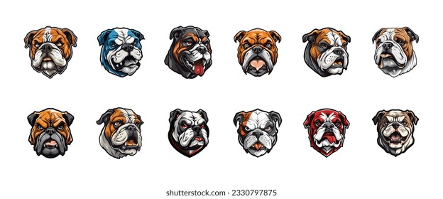 Conjunto de diseños de mascota Bulldog, ilustración vectorial de colección de logotipos Bulldog, diseño de logotipo Bulldog para colocación de impresión de camisetas, paquete vectorial de ilustraciones de corte de Bulldog