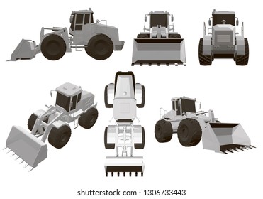 Set with a bulldozer 6 polygonal bulldozers at different angles. Isometric view, top, side, front, back. White wheel loader bulldozer heavy equipment and construction machinery vector illustration. 3D