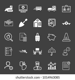 set of bulldozer, computer setting, bus, truck, badge, keyboard, shovel, building, money safe, plane, search house, bill, luggage, piggy bank, stairs, checklist, office, umbrella, employer vector icon