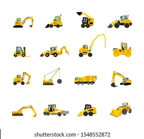 Set of bulldozer, wheel loader vector illustratio isolated on white. Dusty digger, excavator dozer. Under construction. Building machine bager. Motor grader, Forklift cargo. Road roller, asphalt paver