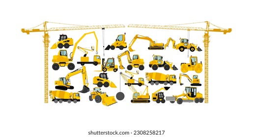 Set of bulldozer, wheel loader vector illustration isolated on white. Crane digger excavator dozer. Under construction. Building machine bager. Motor grader, Forklift cargo. Road roller, asphalt paver