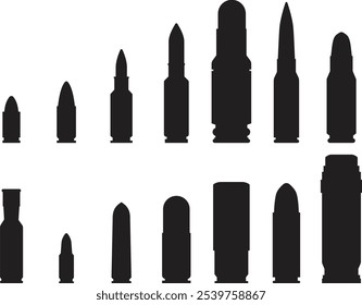 Conjunto de munición de bala, munición de diferentes armas en diferentes formas. Icono simple del Vector de diverso tipo de la bala