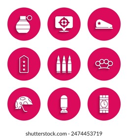 Set Bullet, Aviation bomb, Dynamite and timer clock, Brass knuckles, Military helmet, rank, beret and Hand grenade icon. Vector