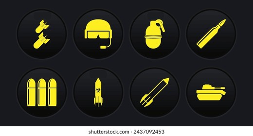 Set Bullet, Cohete de riesgo biológico, Cohete, granada de mano, casco militar, tanque e icono de bomba de aviación. Vector