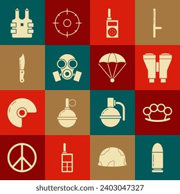Set Bullet, Brass knuckles, Binoculars, Walkie talkie, Gas mask, Military knife, Bulletproof vest for protection from bullets and Parachute icon. Vector