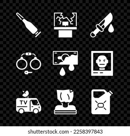 Set Bullet, Broken window, Bloody cuchillo, TV News car, Kidnaping, Canister fuel, Handcuffs e icon. Vector