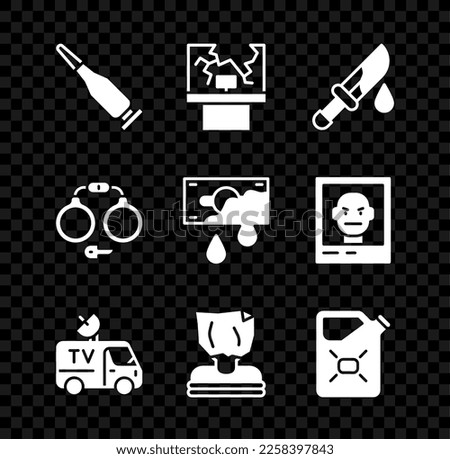Set Bullet, Broken window, Bloody knife, TV News car, Kidnaping, Canister fuel, Handcuffs and money icon. Vector