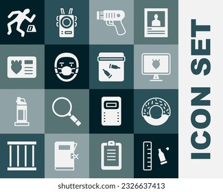 Set Bullet casing with ruler, Donut, Police database, electric shocker, Doctor pathologist, badge id case, Crime scene and Evidence bag bullet icon. Vector