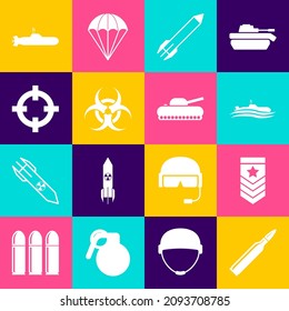 Set Bullet, Chevron, Submarine, Rocket, Biohazard symbol, Target sport,  and Military tank icon. Vector