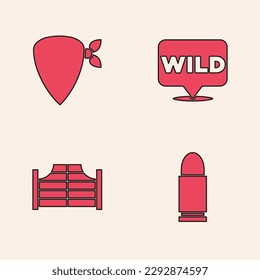 Set Bullet, Cowboy bandana, Pointer to wild west and Saloon door icon. Vector