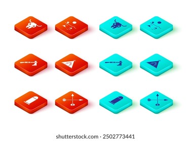 Set Bullet, Crossed arrows, Tomahawk axe, Indian teepee or wigwam, Desert landscape with cactus and Buffalo skull icon. Vector
