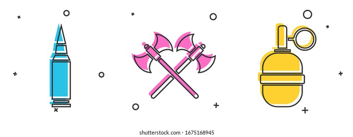 Poner Bullet, hachas medievales cruzadas e icono de granada manual. Vector